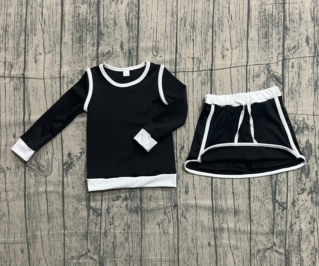 Long sleeves black top skirt kids girls active outfits