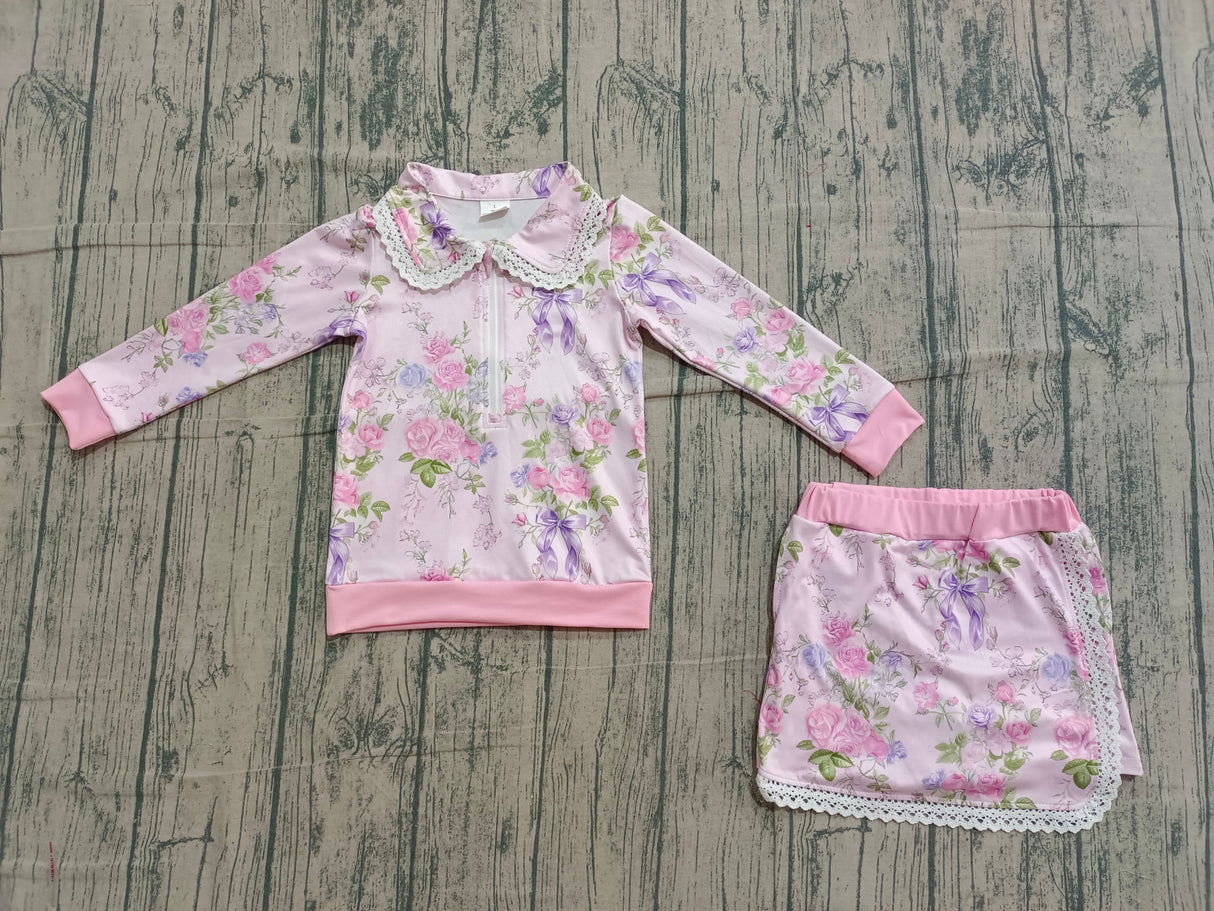 Long sleeves floral zipper pullover shorts kids girls outfits
