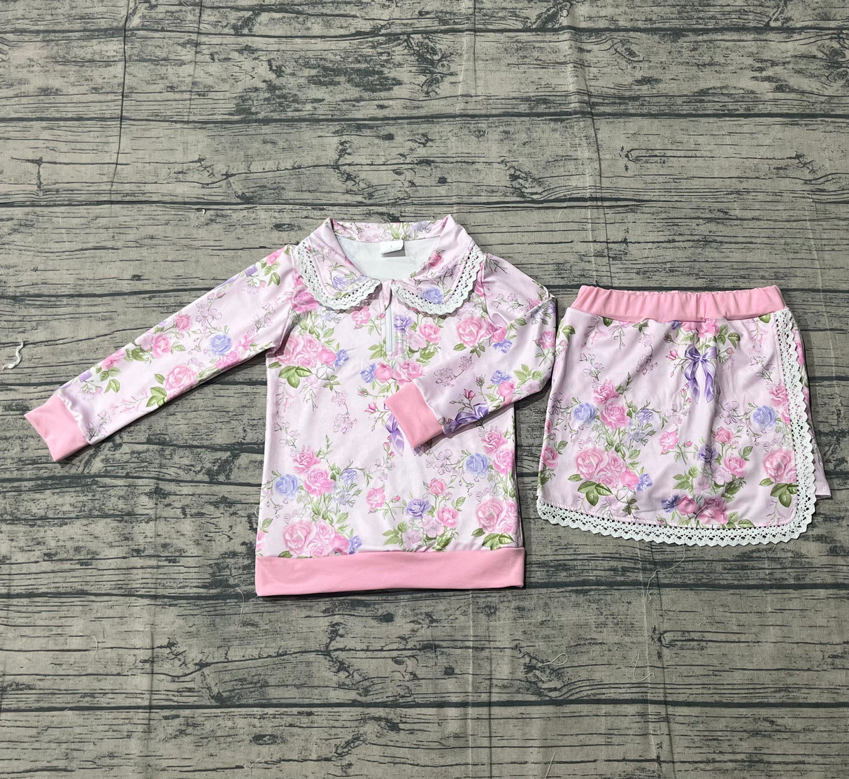 Long sleeves floral zipper pullover shorts kids girls outfits
