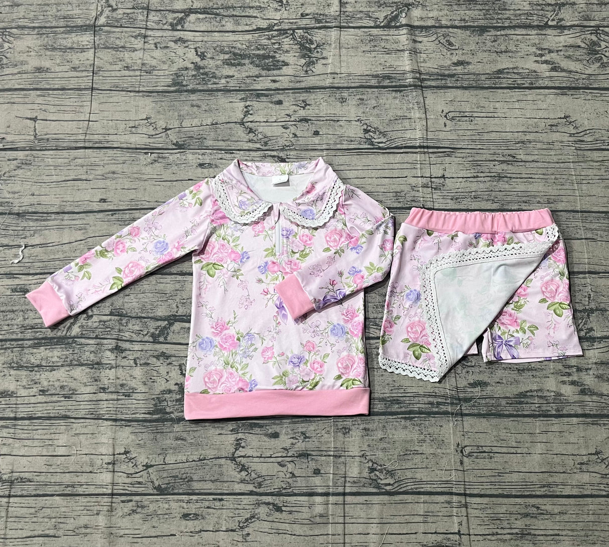 Long sleeves floral zipper pullover shorts kids girls outfits