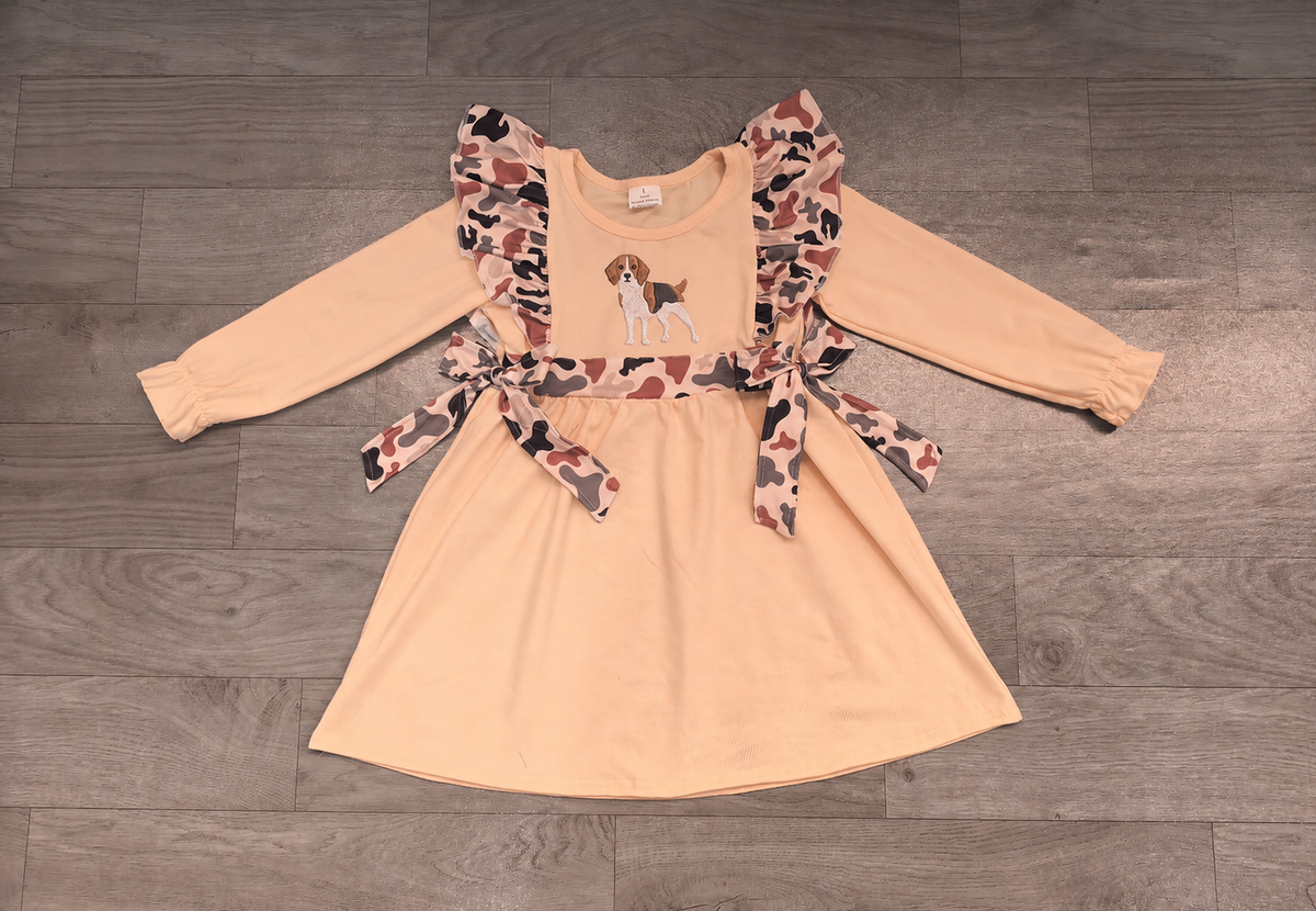 Long sleeves dog embroidery camo girls dresses