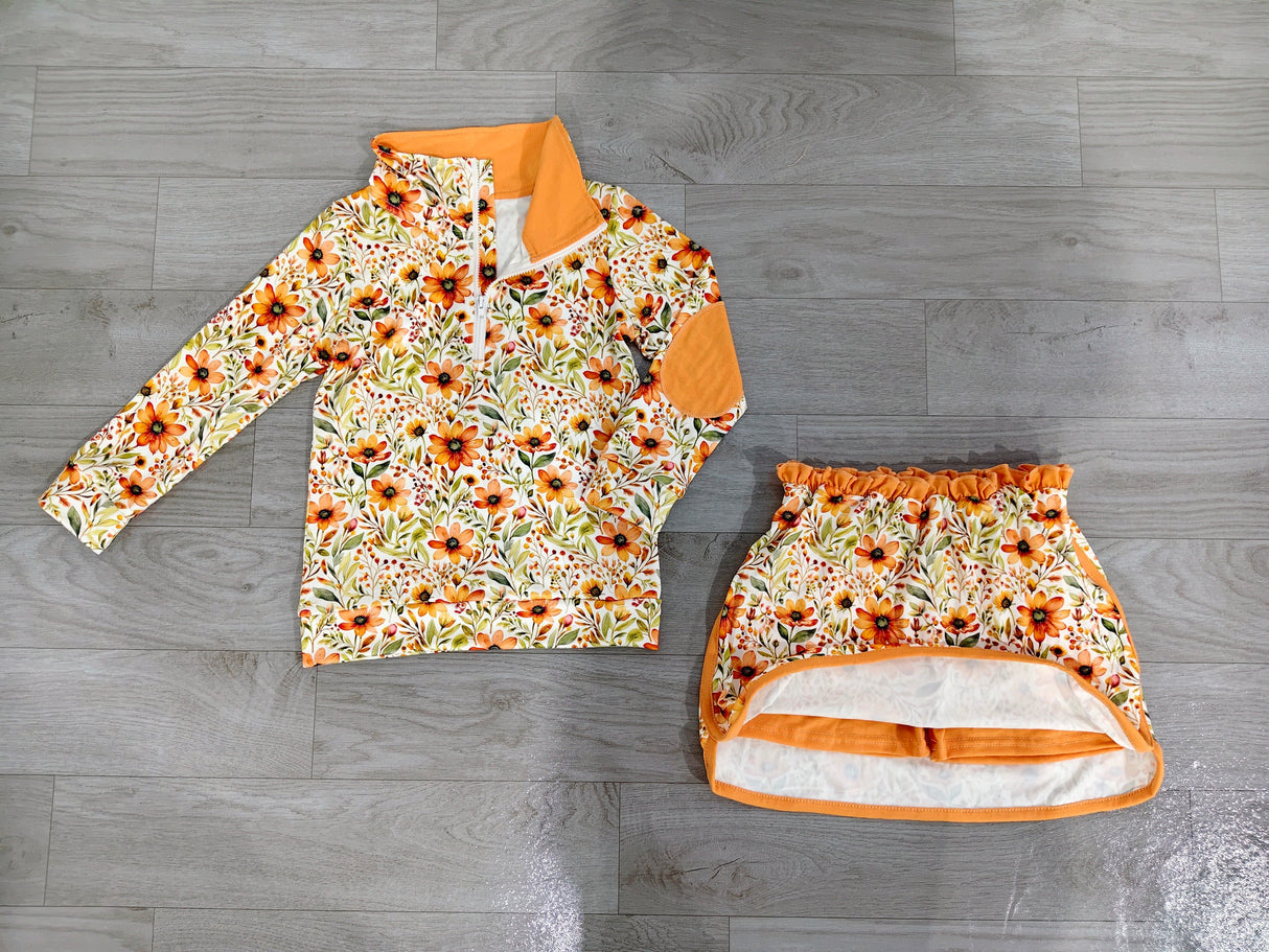 Long sleeves mustard floral pullover skirt girls outfits