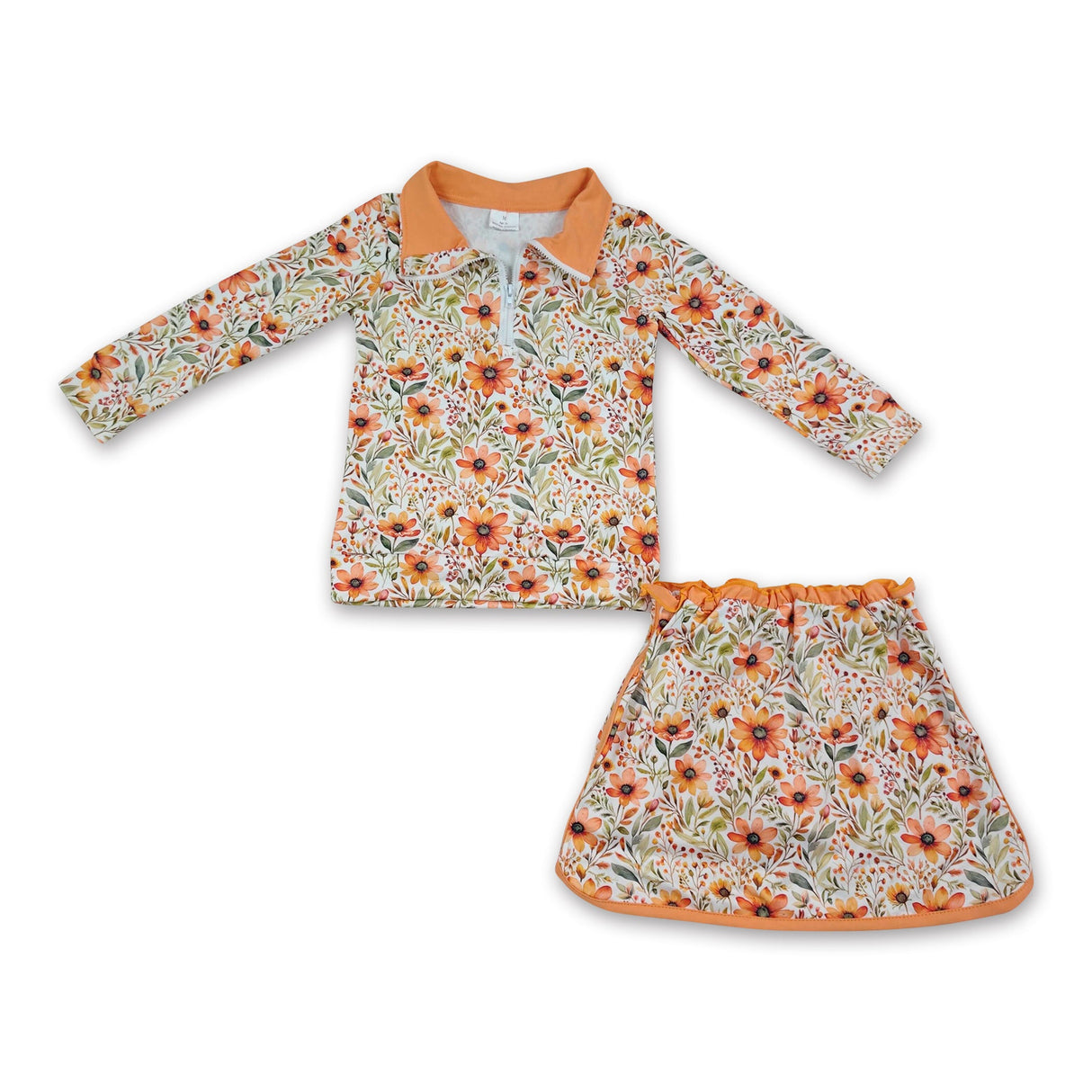 Long sleeves mustard floral pullover skirt girls outfits