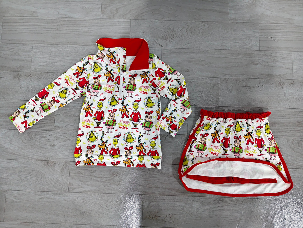 Green face gift pullover skirt girls Christmas outfit