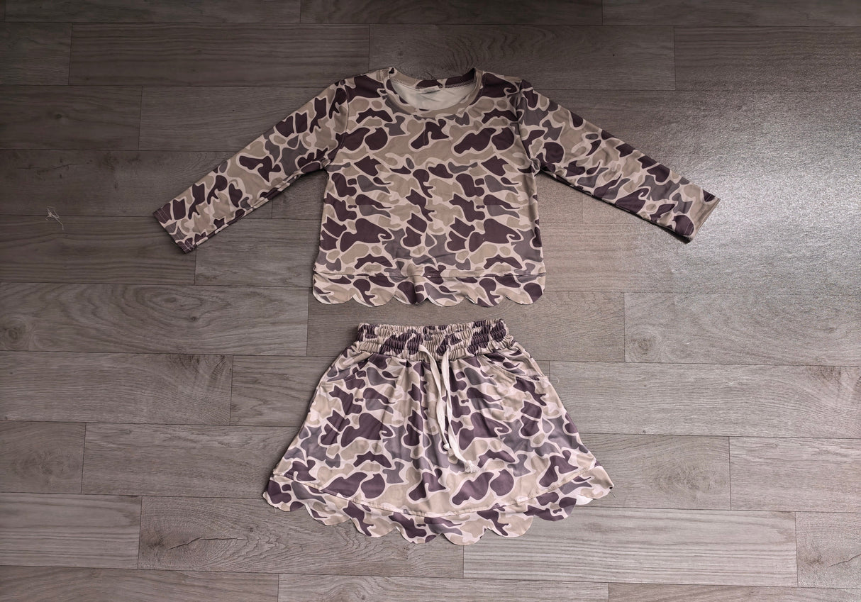 Long sleeves camo scallop top skirt kids girls outfits