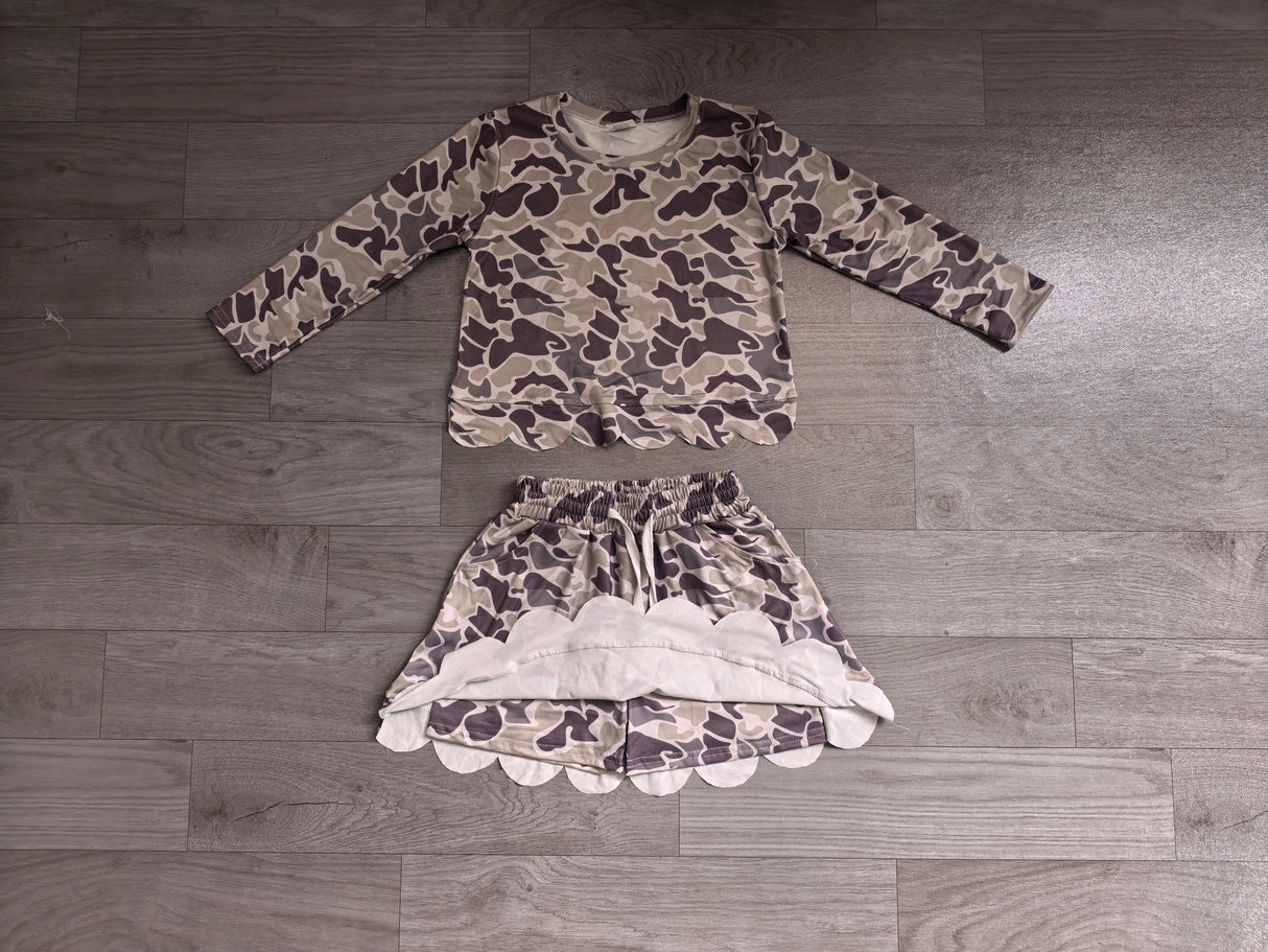 Long sleeves camo scallop top skirt kids girls outfits