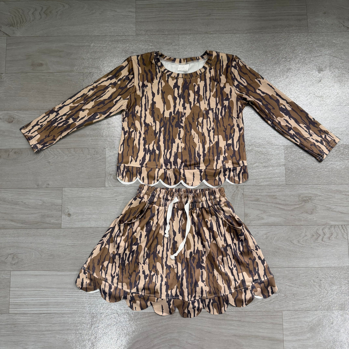 Long sleeves olive camo scallop top skirt kids girls outfits