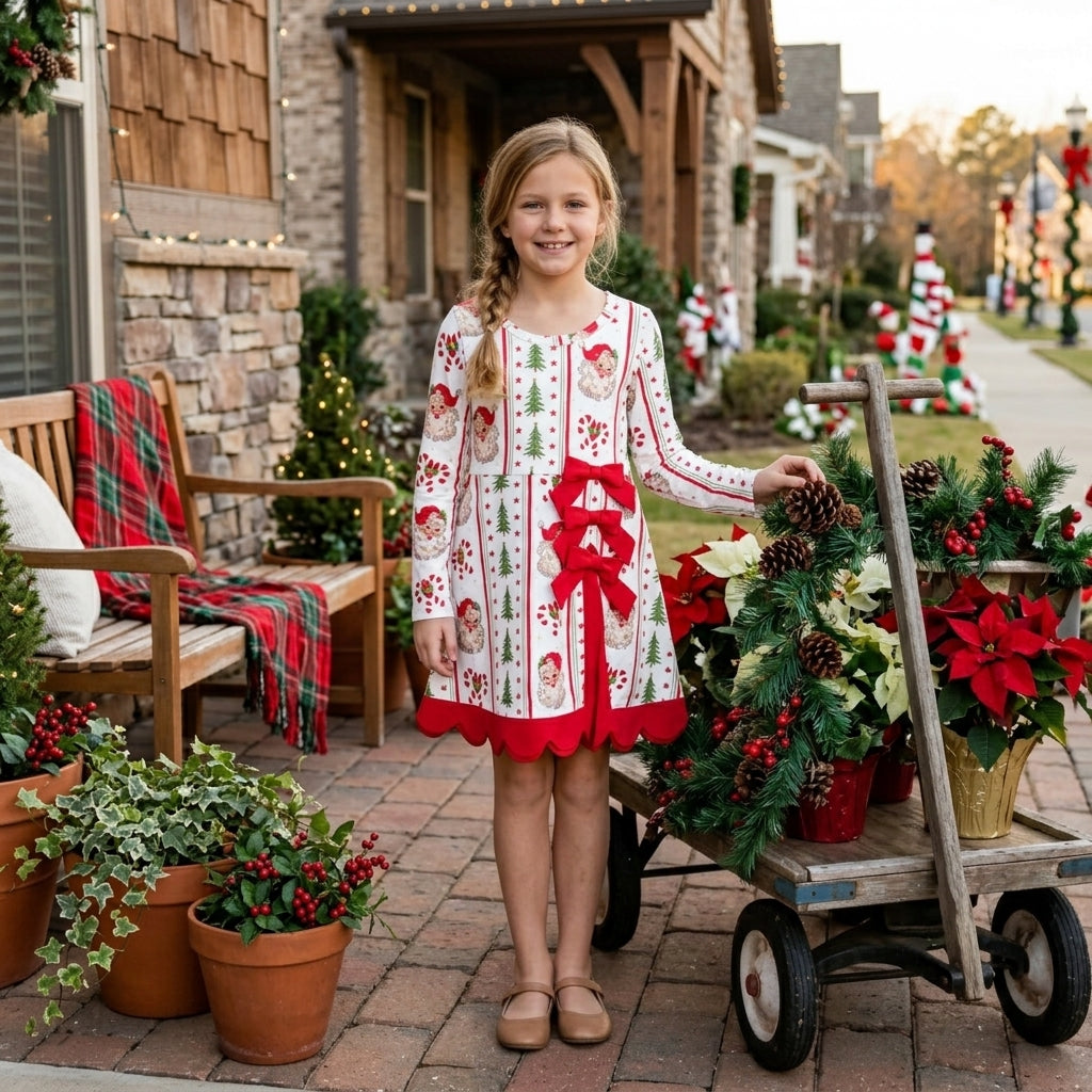 Santa candy cane Christmas tree scallop girls active dress