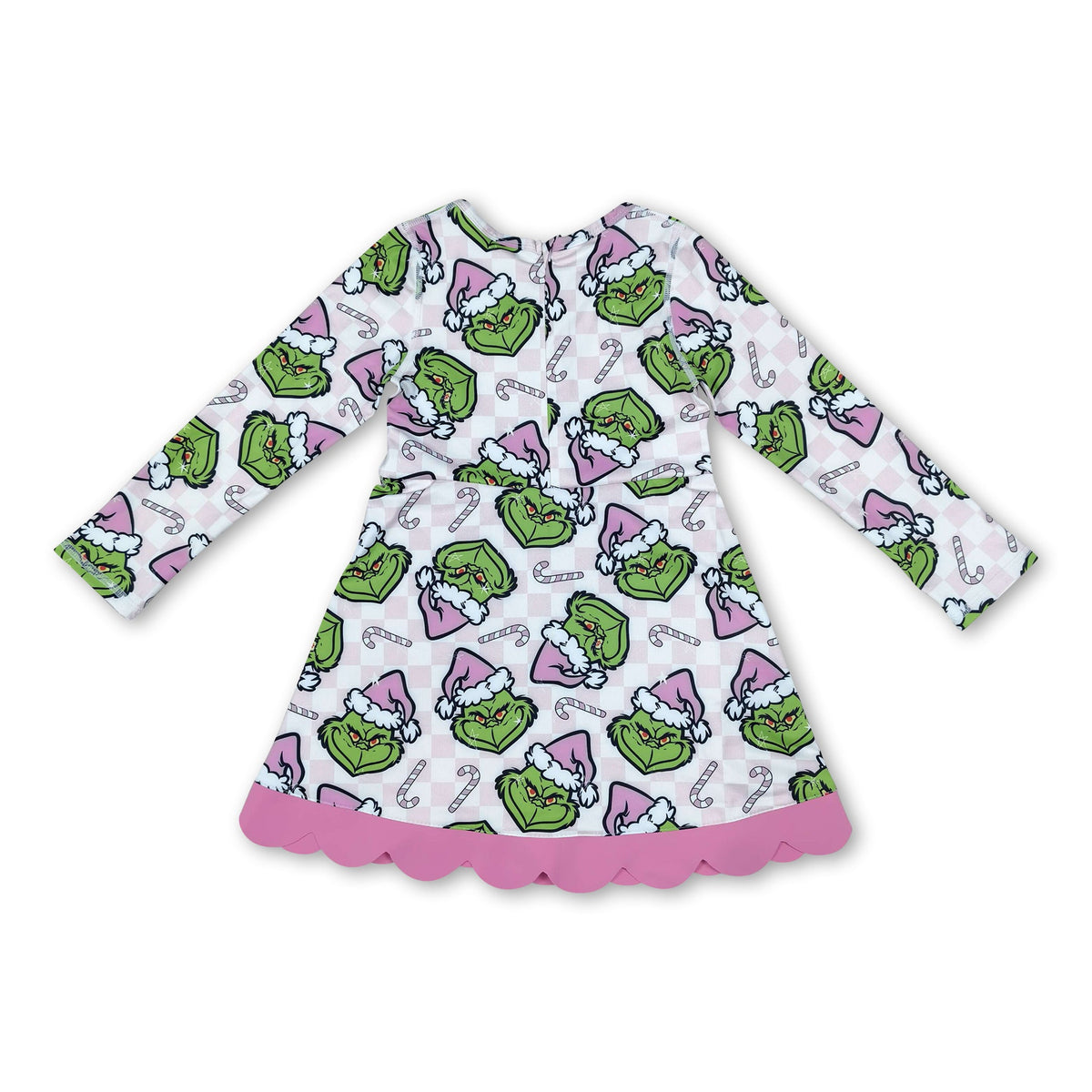 Long sleeves pink plaid scallop girls Christmas athletic dress
