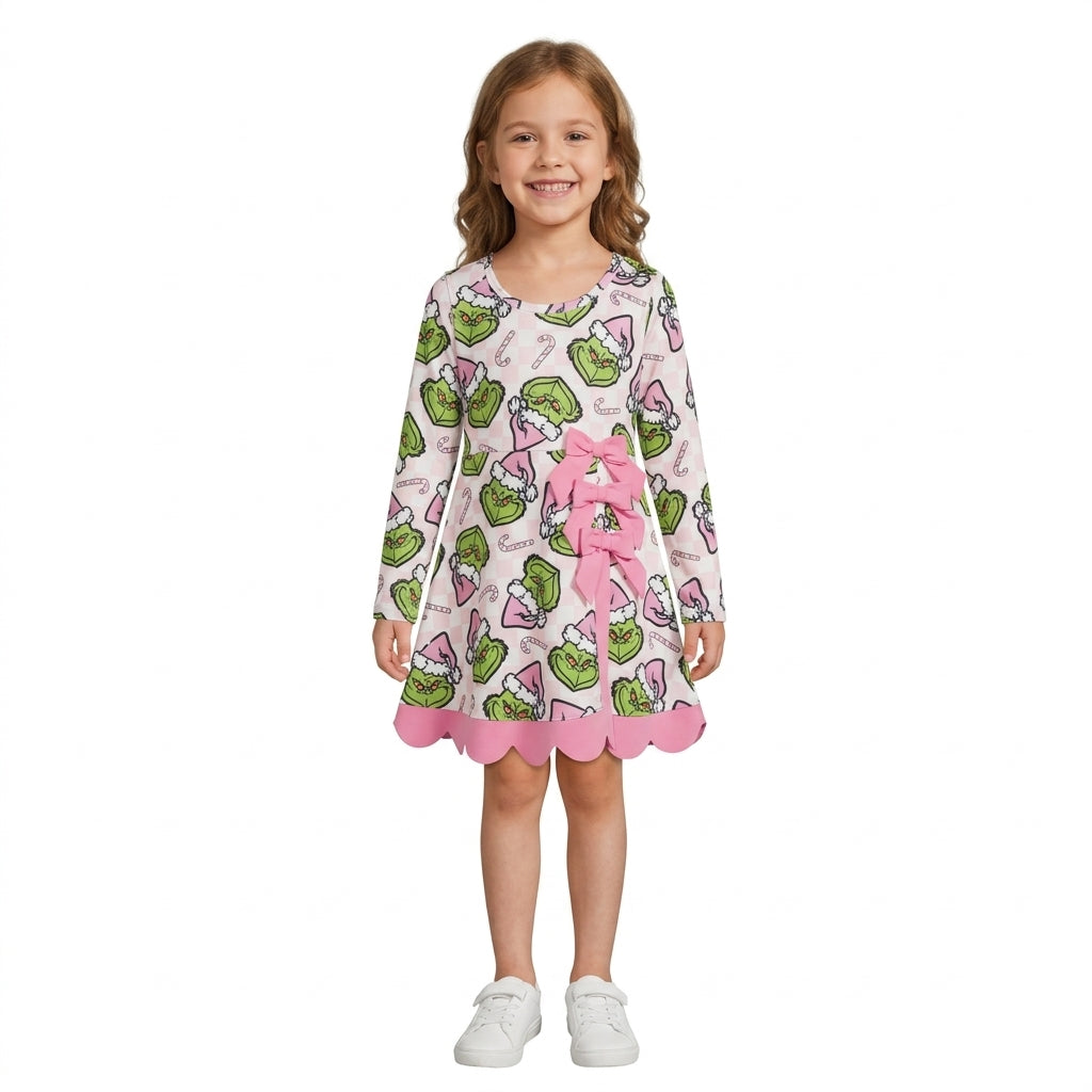 Long sleeves pink plaid scallop girls Christmas athletic dress
