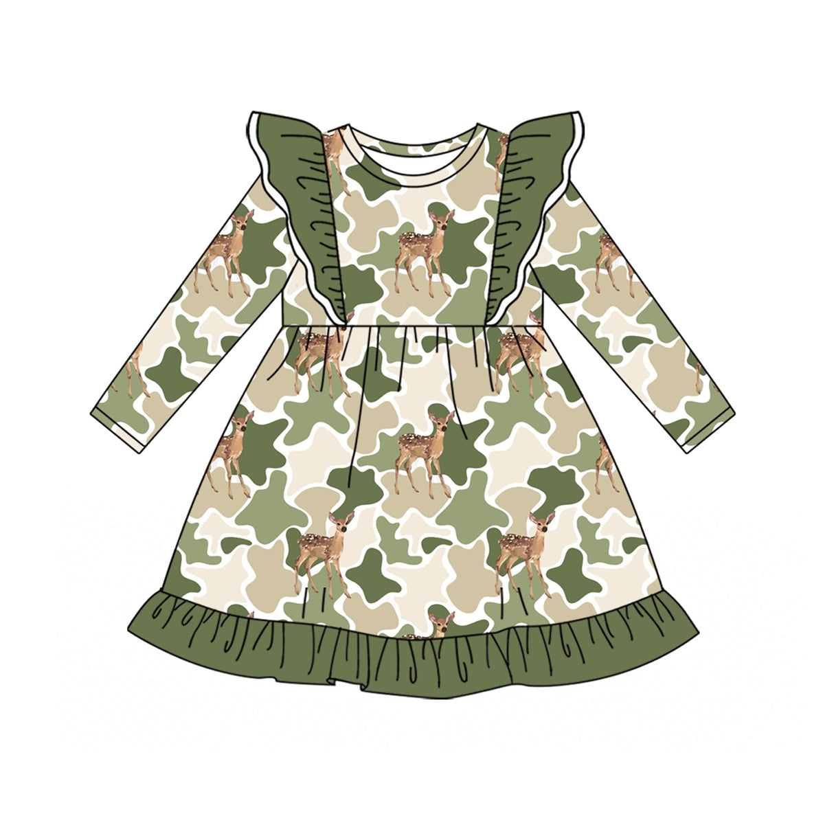 Long sleeves deer green camo ruffle baby girls dress