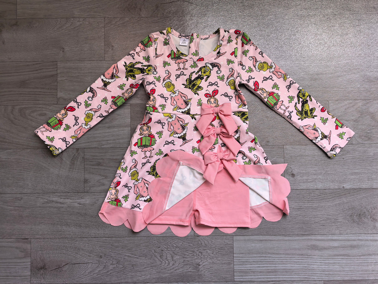 Long sleeves bow gift pink scallop girls Christmas athletic dress