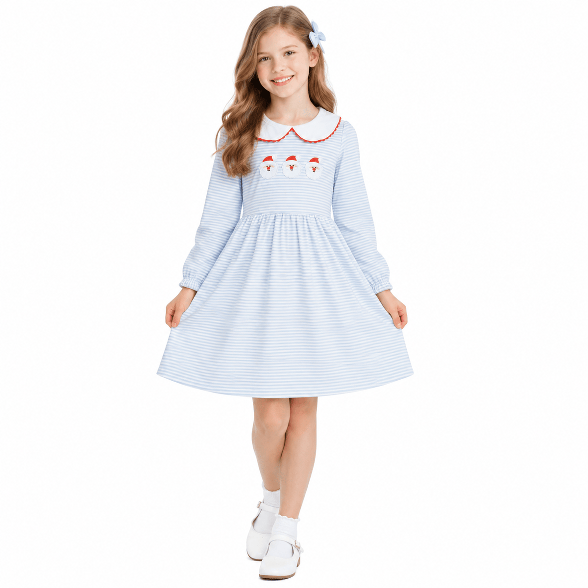 Long sleeves stripe santa embroidery girls Christmas dress