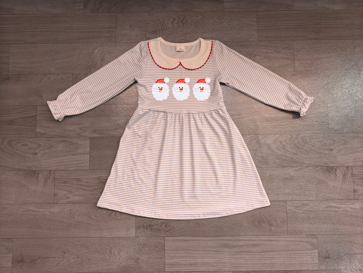 Long sleeves stripe santa embroidery girls Christmas dress