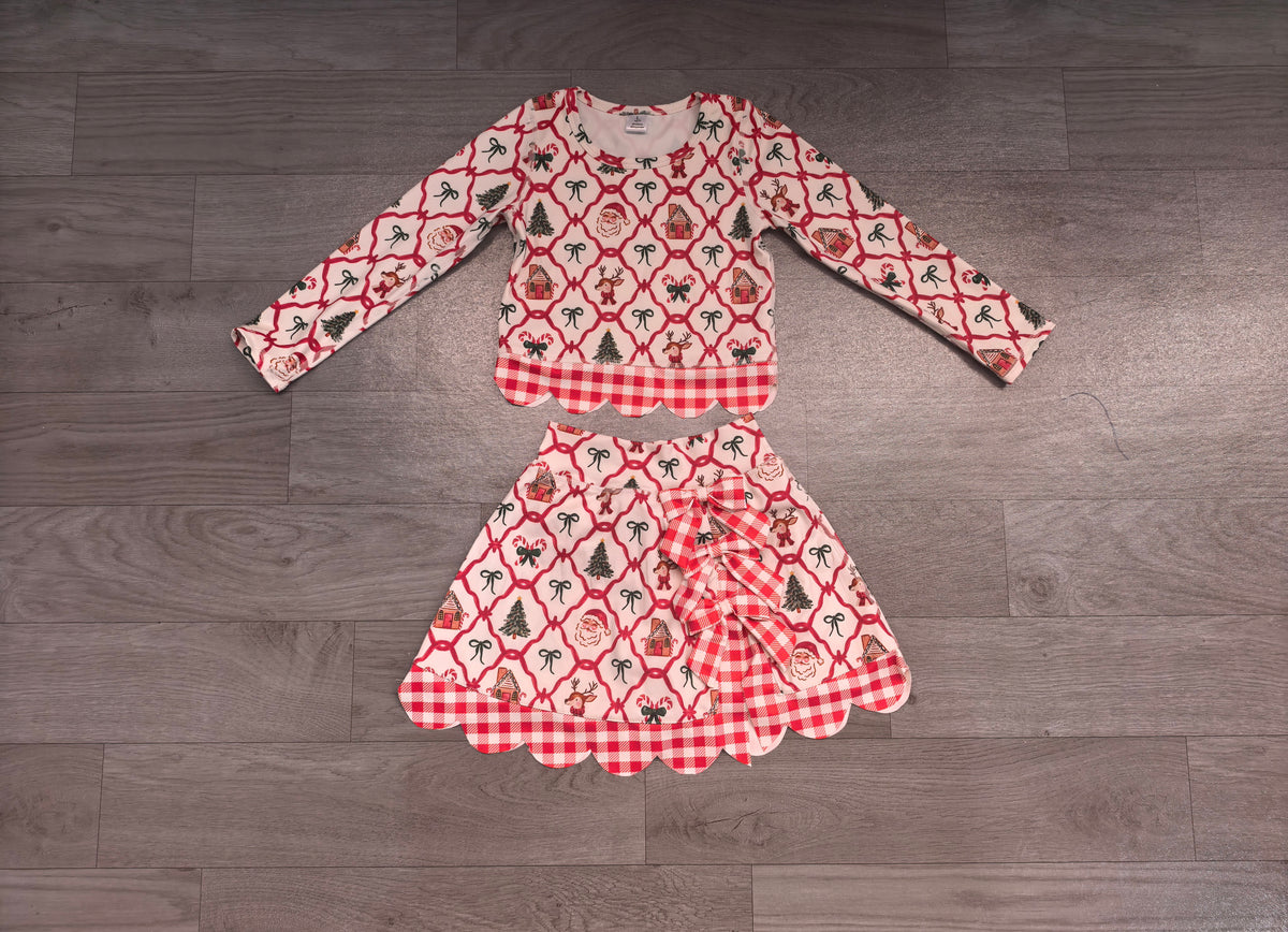 Santa deer bow scallop girls Christmas active wear set