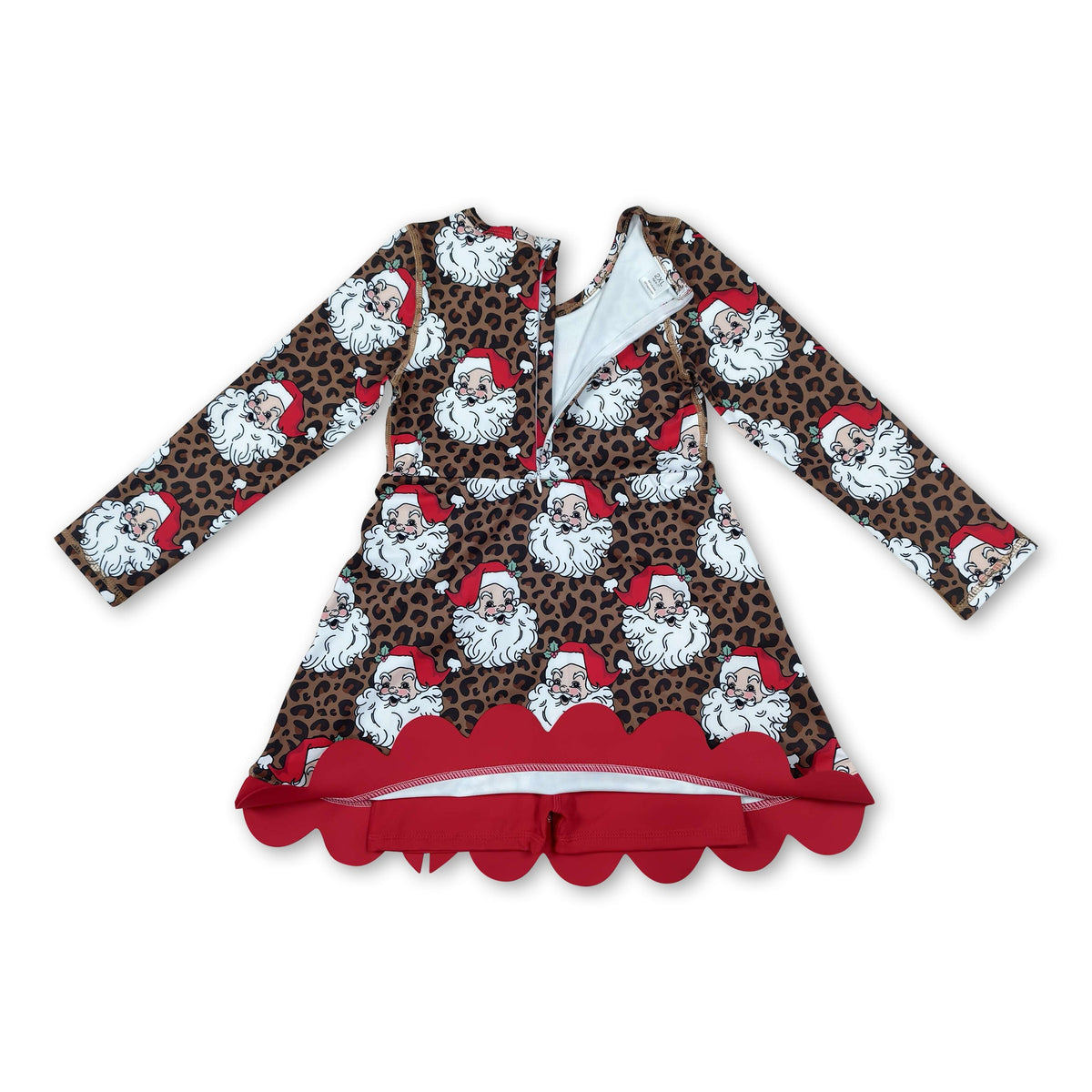 Leopard santa scallop bow girls Christmas athletic dress