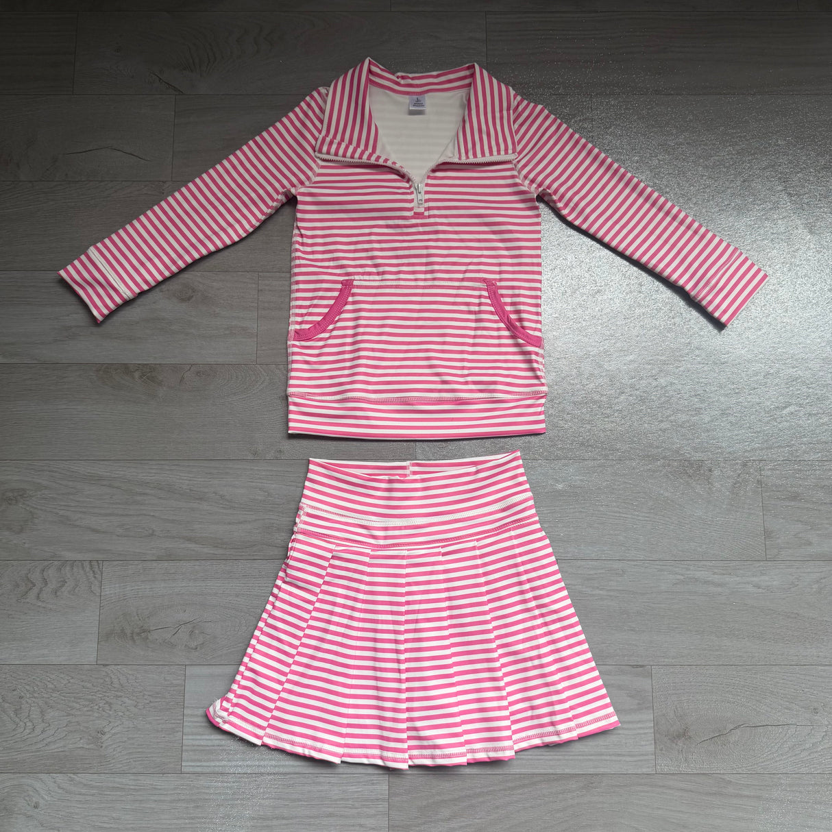 Pink stripe pullover pleated skirt girls active wear set