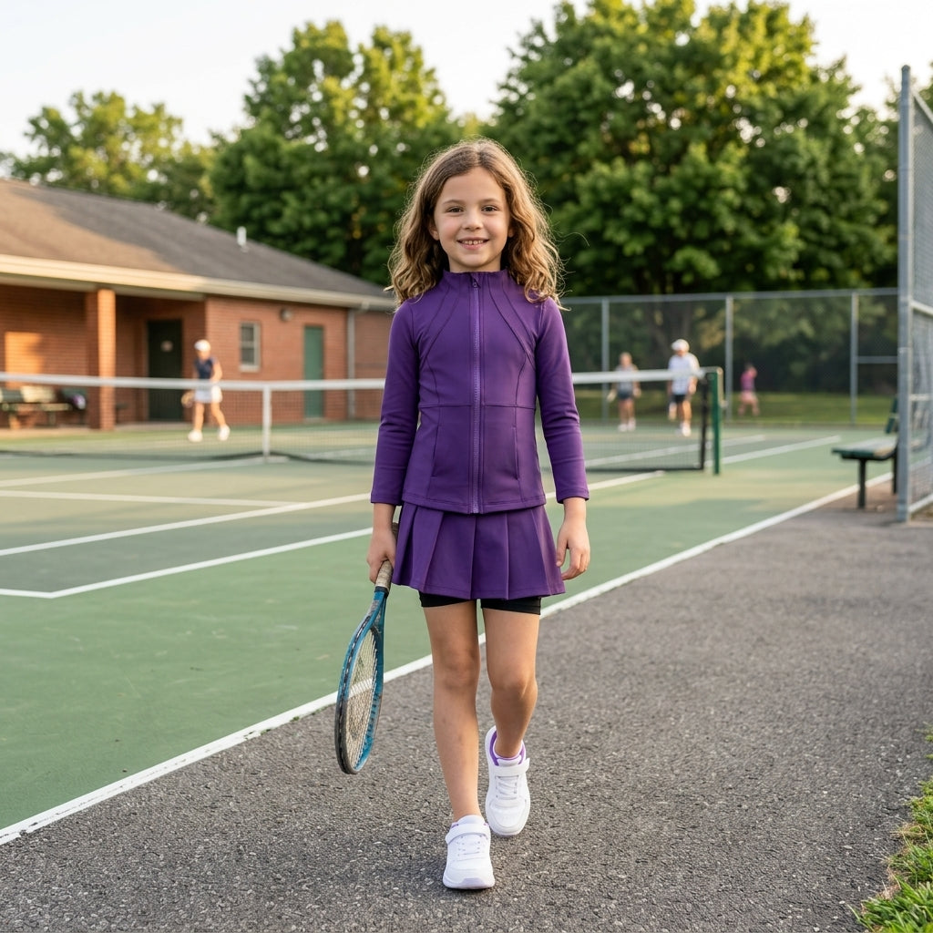 Purple zipper jacket pleated skirt girls activewear set