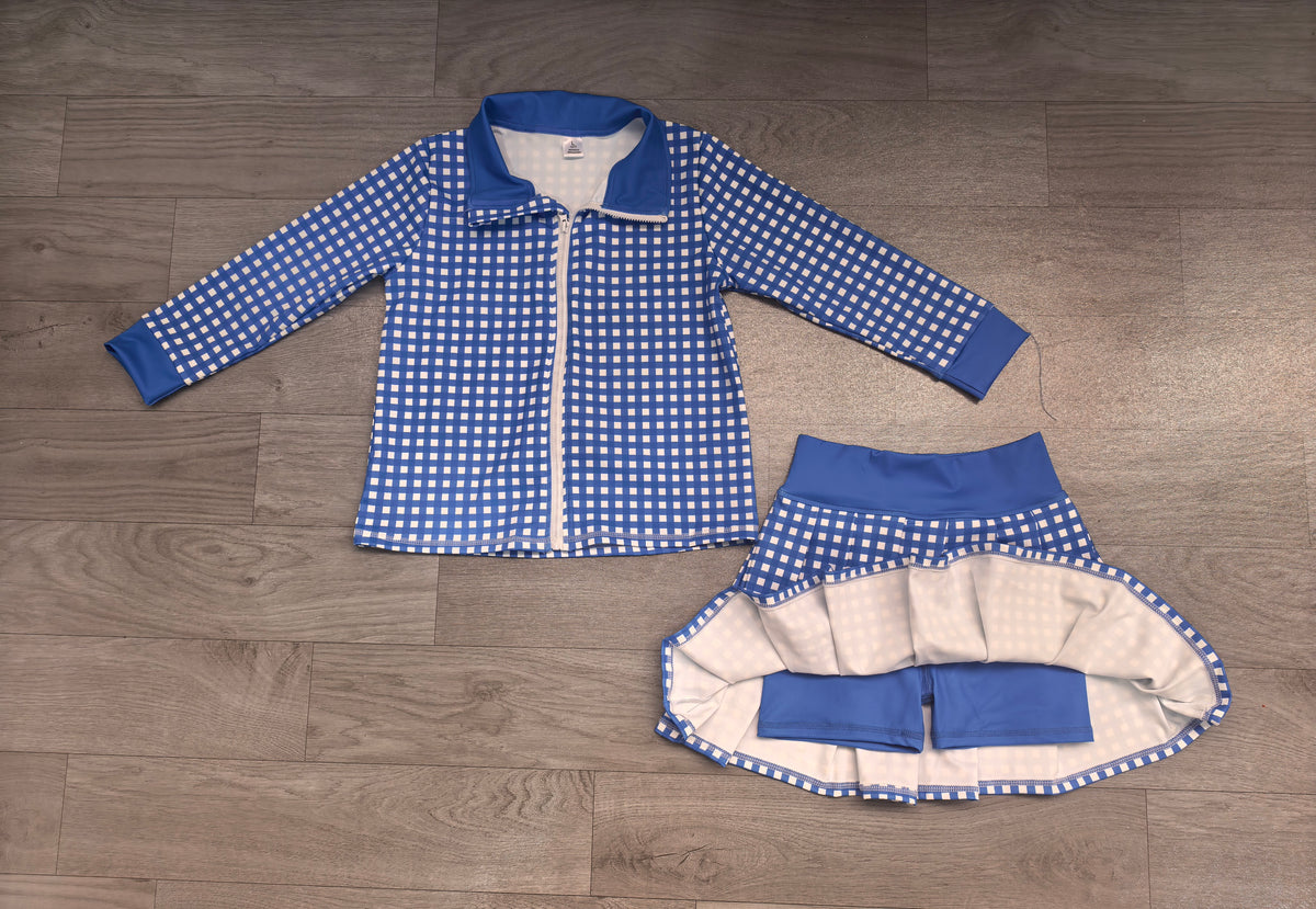 Blue plaid jacket pleated skirt girls active wear set
