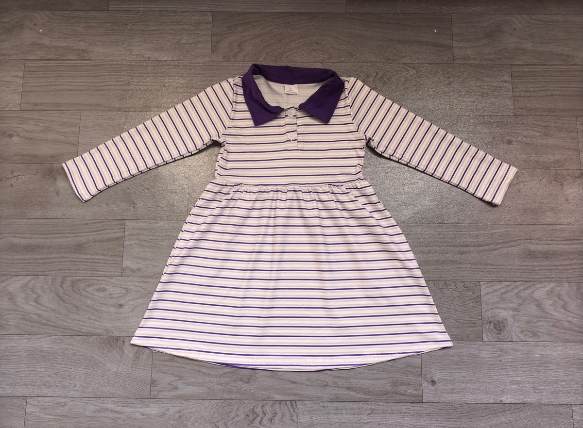 Long sleeves purple stripe kids girls polo dress