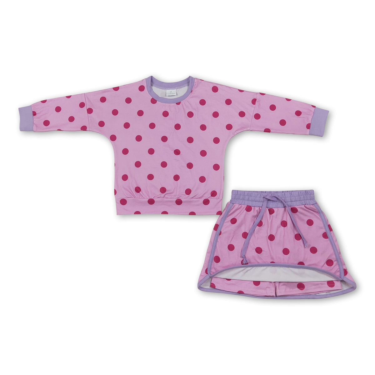 Long sleeves hot pink polka dots top skirt girls outfits
