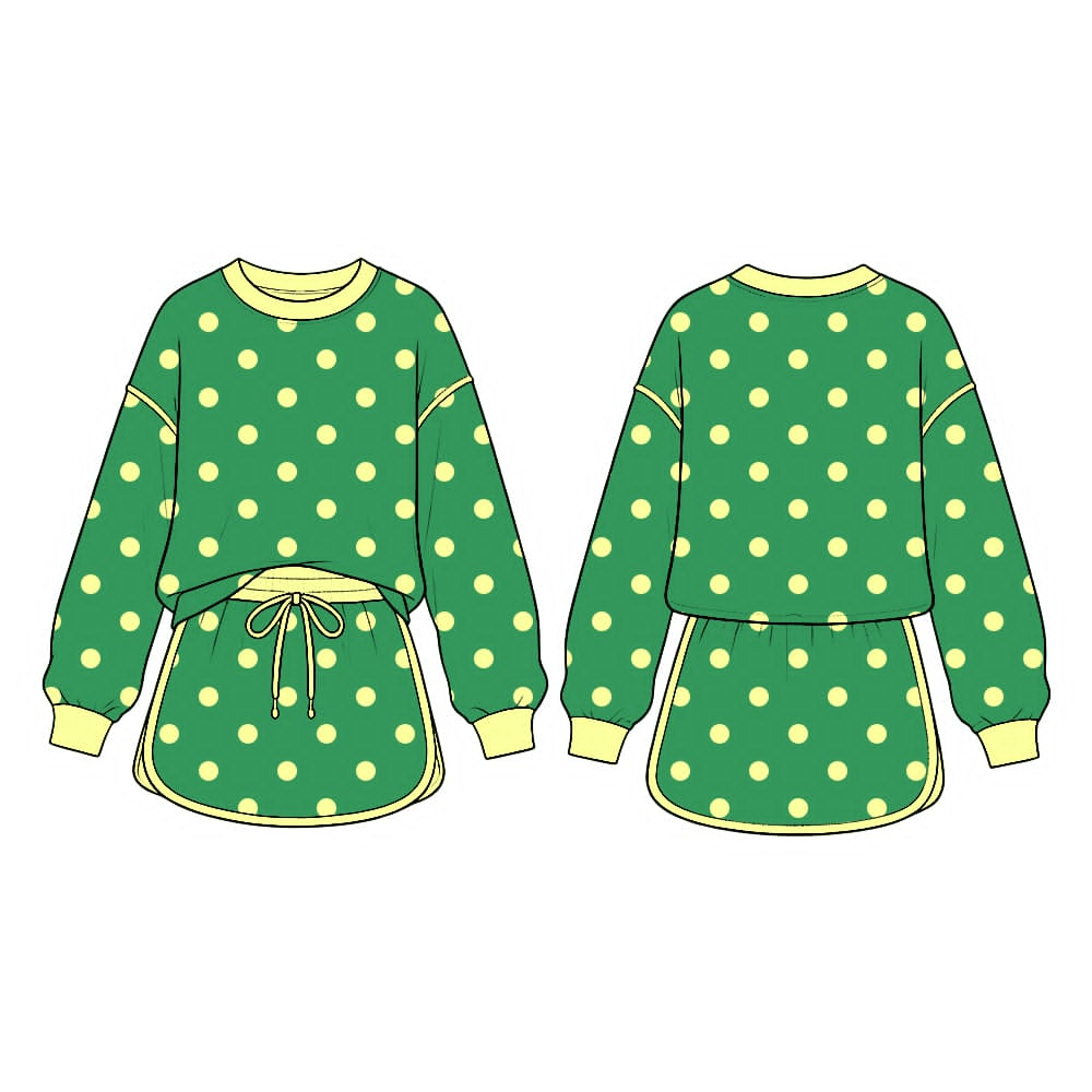 Long sleeves green yellow polka dots top skirt girls outfits