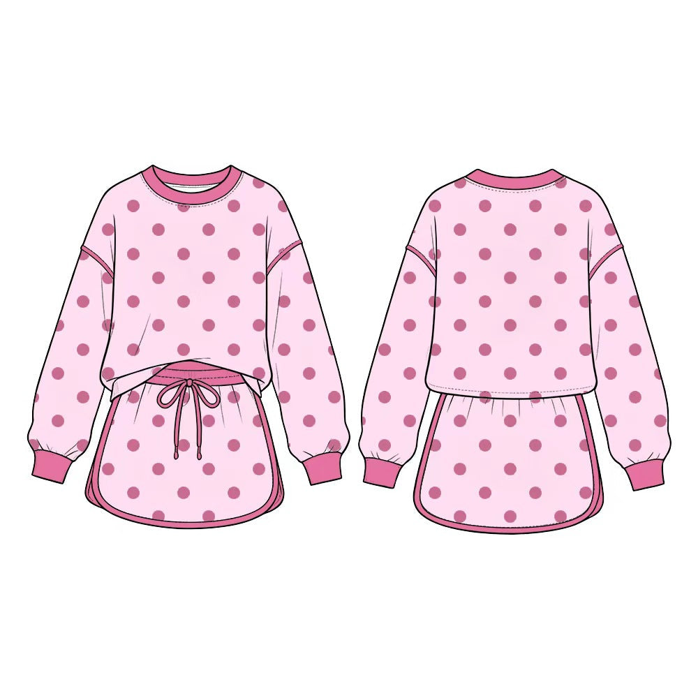 Long sleeves light pink polka dots top skirt girls outfits