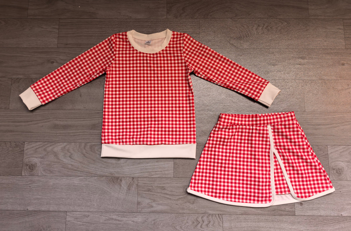 Long sleeves red plaid top skirt girls active wear set