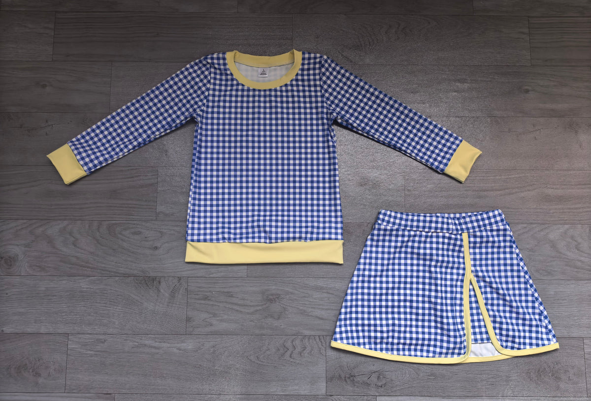 Long sleeves blue plaid top skirt girls active wear set