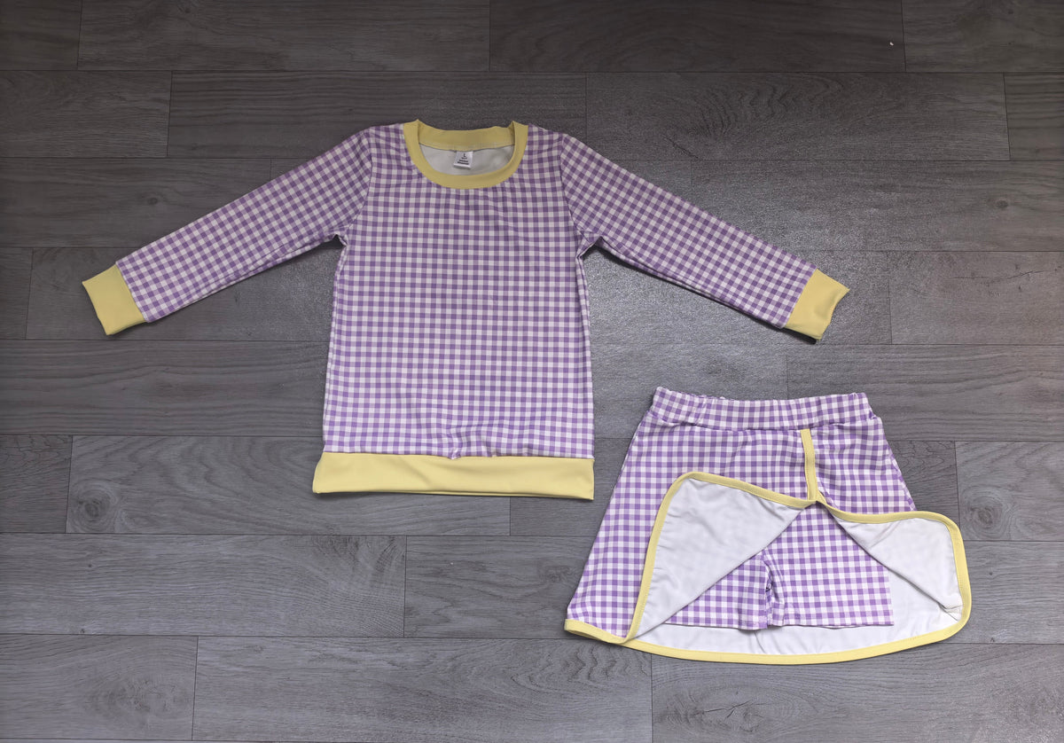 Long sleeves lavender plaid top skirt girls active wear set