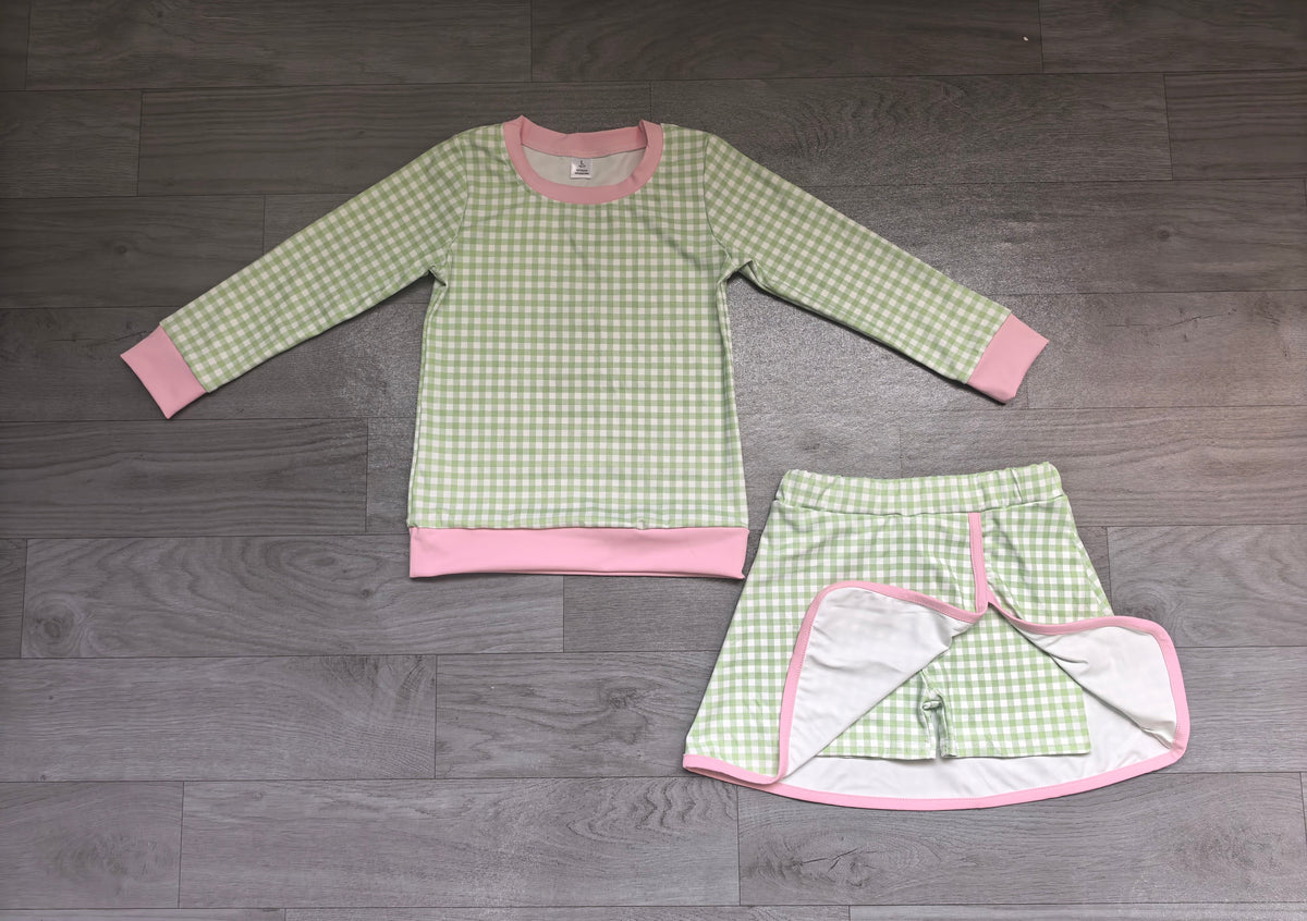 Long sleeves green plaid top skirt girls active wear set