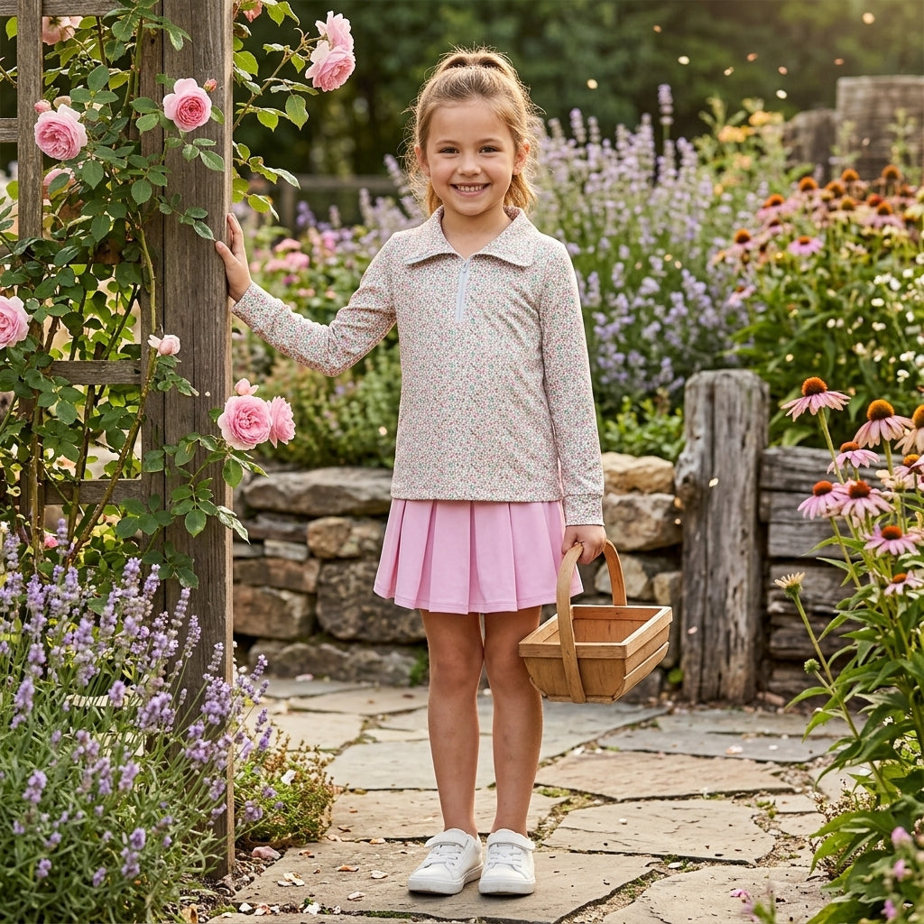 Floral zipper pullover pink pleated skirt girls outfits