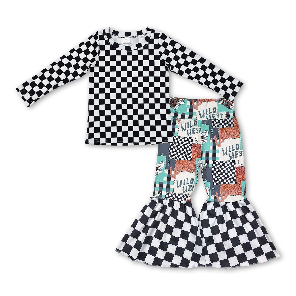 Black plaid top wild west cactus bell bottom pants girls clothes