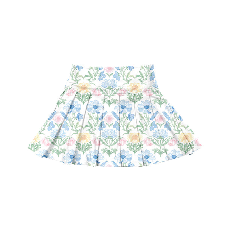 Light blue floral kids girls summer activewear pleated skorts