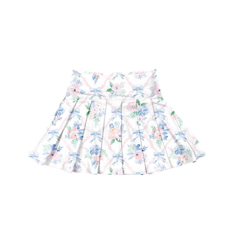 Light blue bow floral kids girls summer activewear pleated skorts
