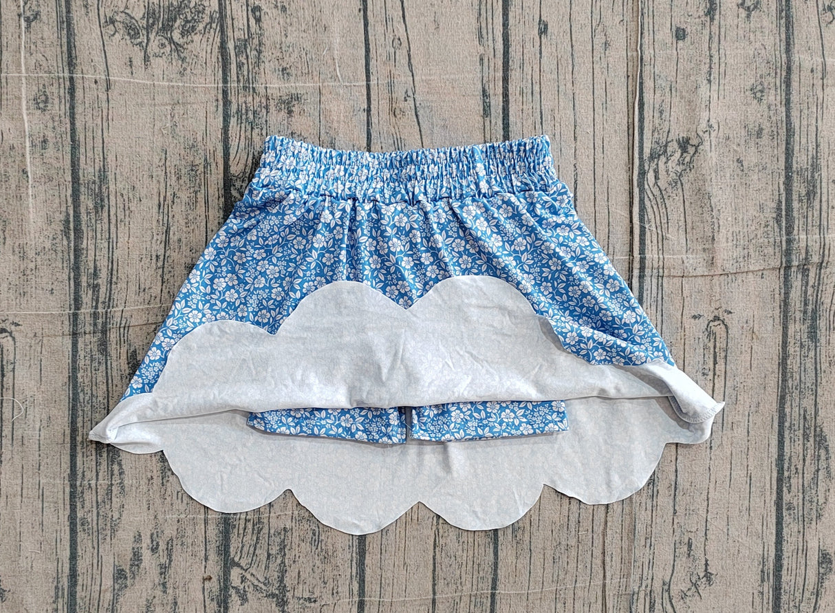 Blue floral elastic waist scallop kids girls skirts