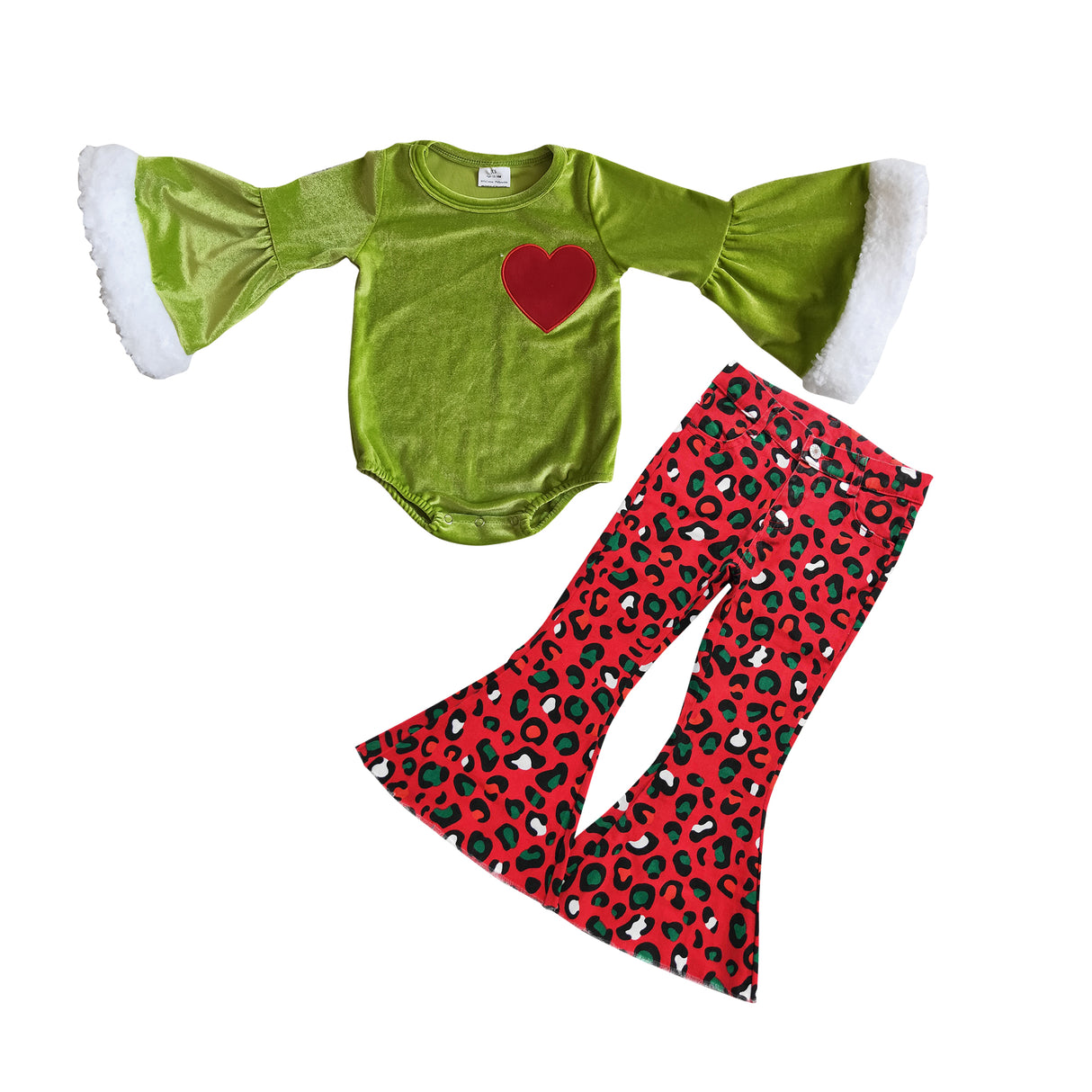 Heart embroidery green face romper leopard jeans girls Christmas outfits