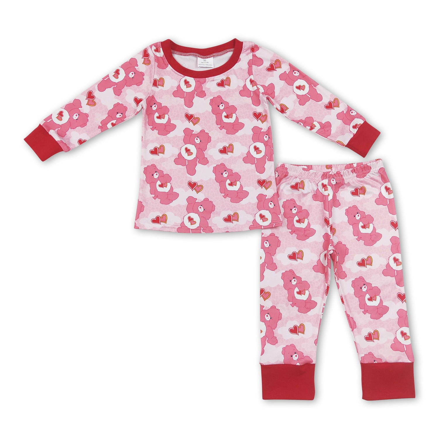 Pink heart bear long sleeves girls valentine's pajamas