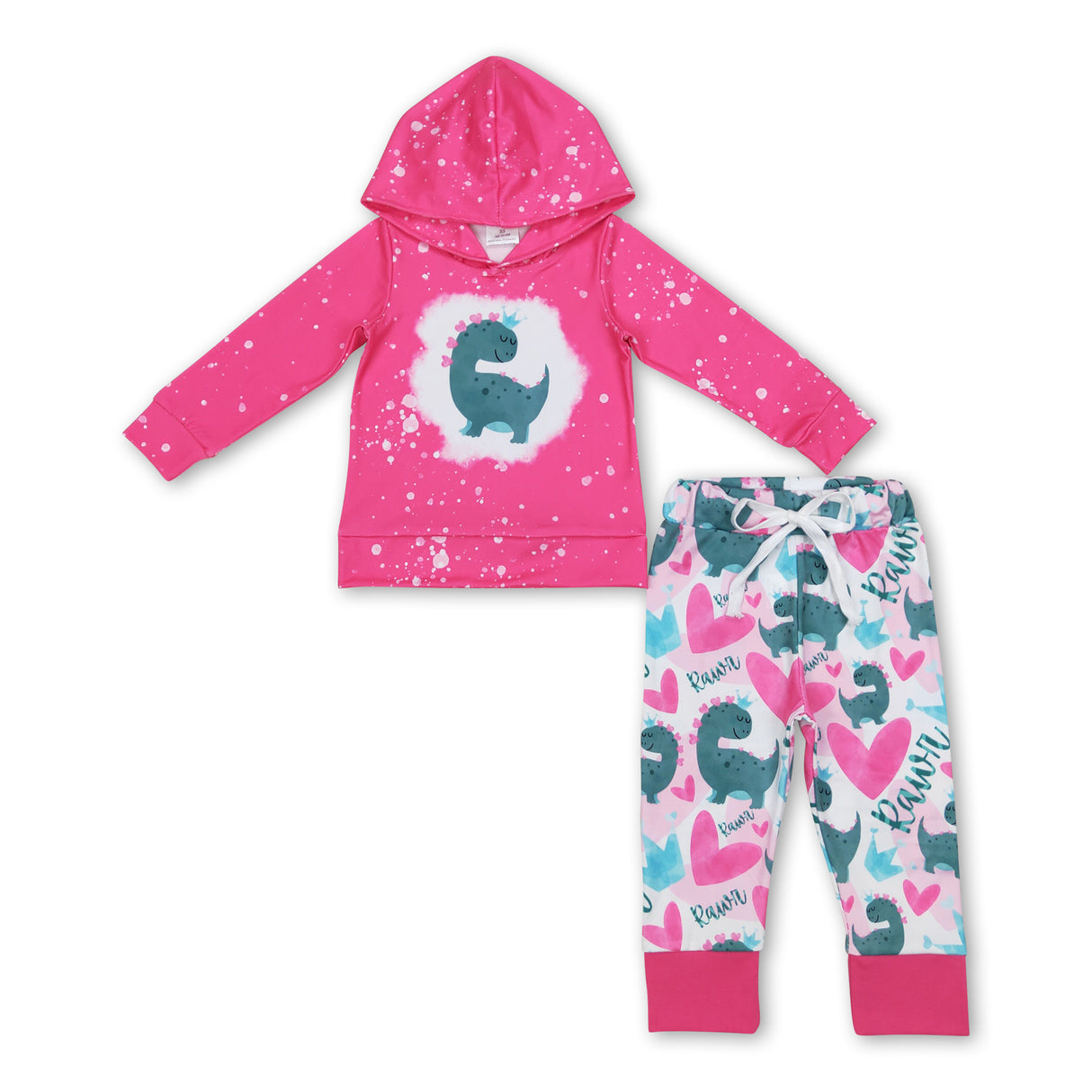 Hot pink heart dinosaur hoodie pants girls valentines set