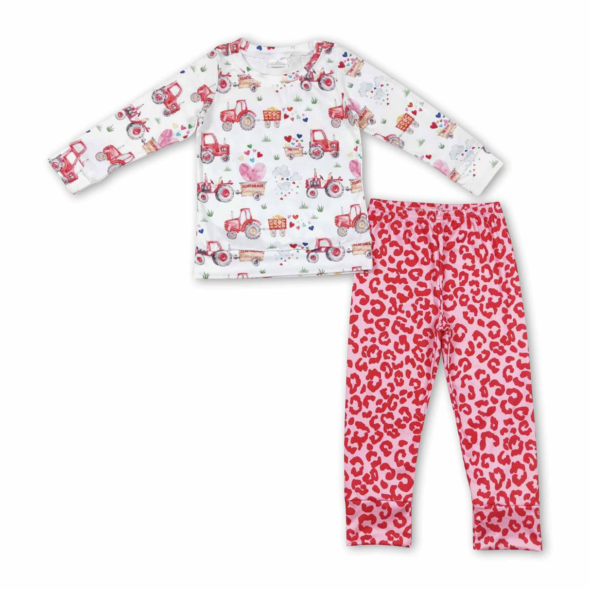 Heart tractor top leopard pants girls farm valentines set