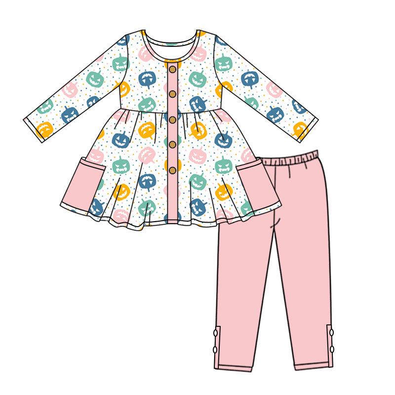 Pockets pumpkin tunic pink leggings girls Halloween set