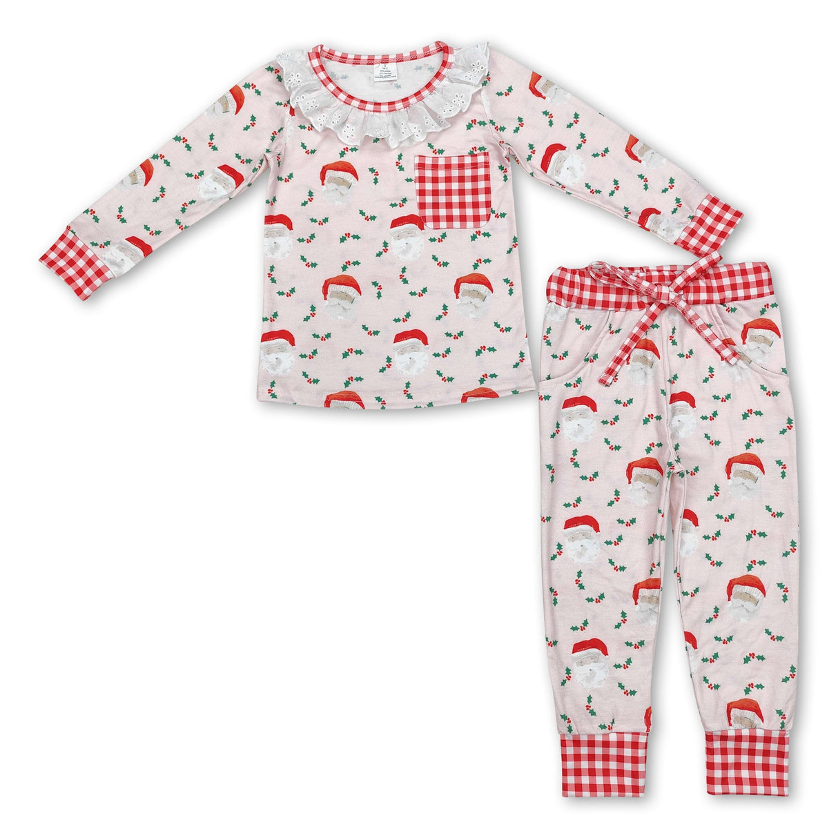 Long sleeves pink santa kids girls Christmas pajamas