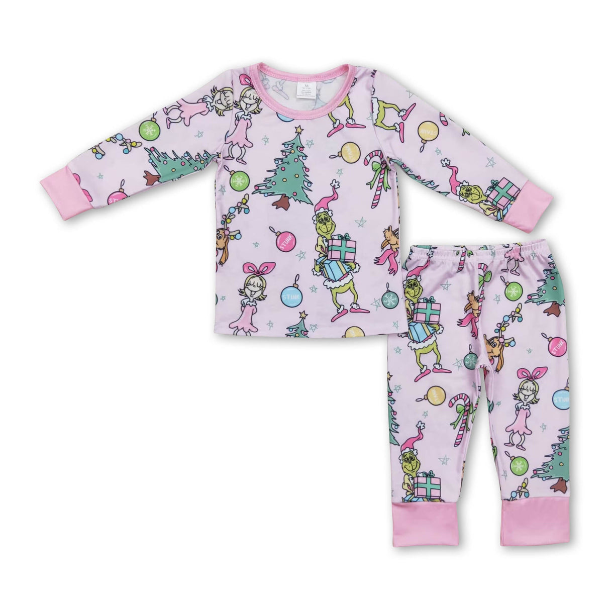 Pink jingle bell green face baby girls bamboo Christmas pajamas