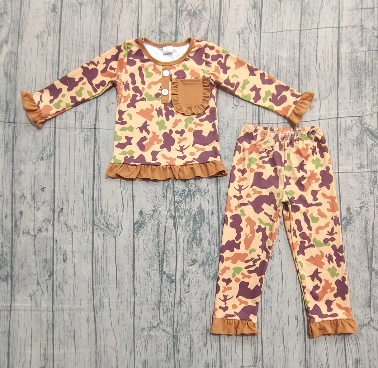 Long sleeves pocket duck camo kids girls pajamas