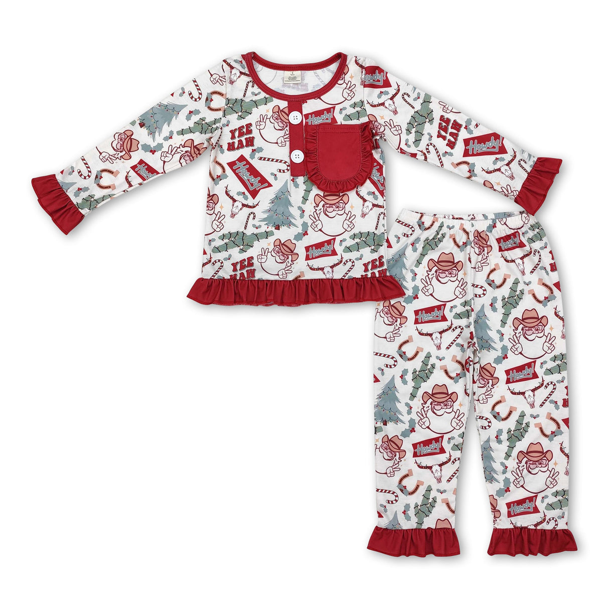 Long sleeves santa cactus western girls Christmas pajamas