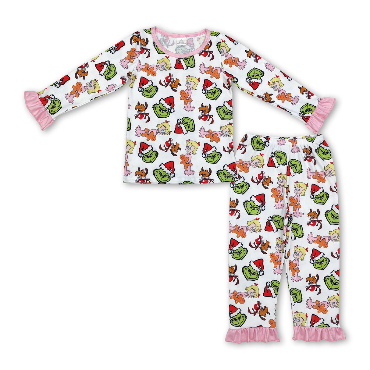 Pink ruffle green face girls Christmas bamboo pajamas