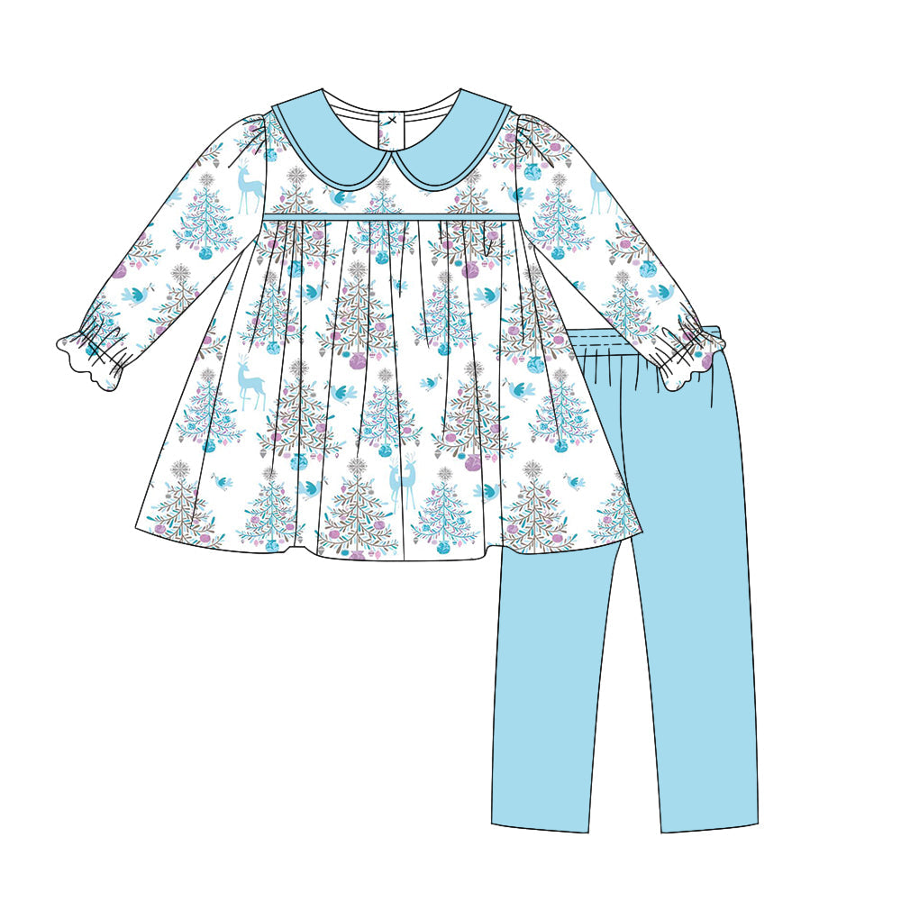 Light blue Christmas tree deer tunic leggings girls outfits