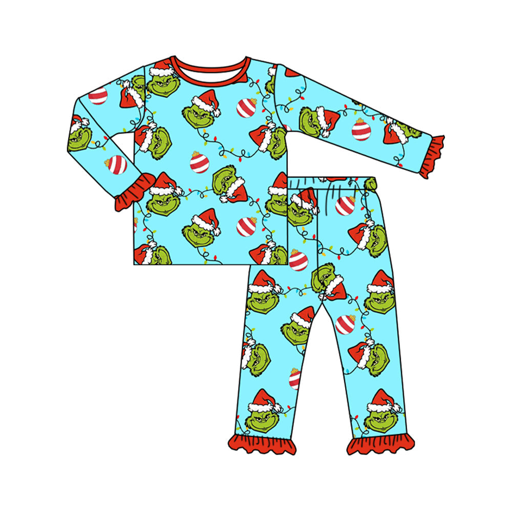 Christmas lighting green face ruffle girls pajamas