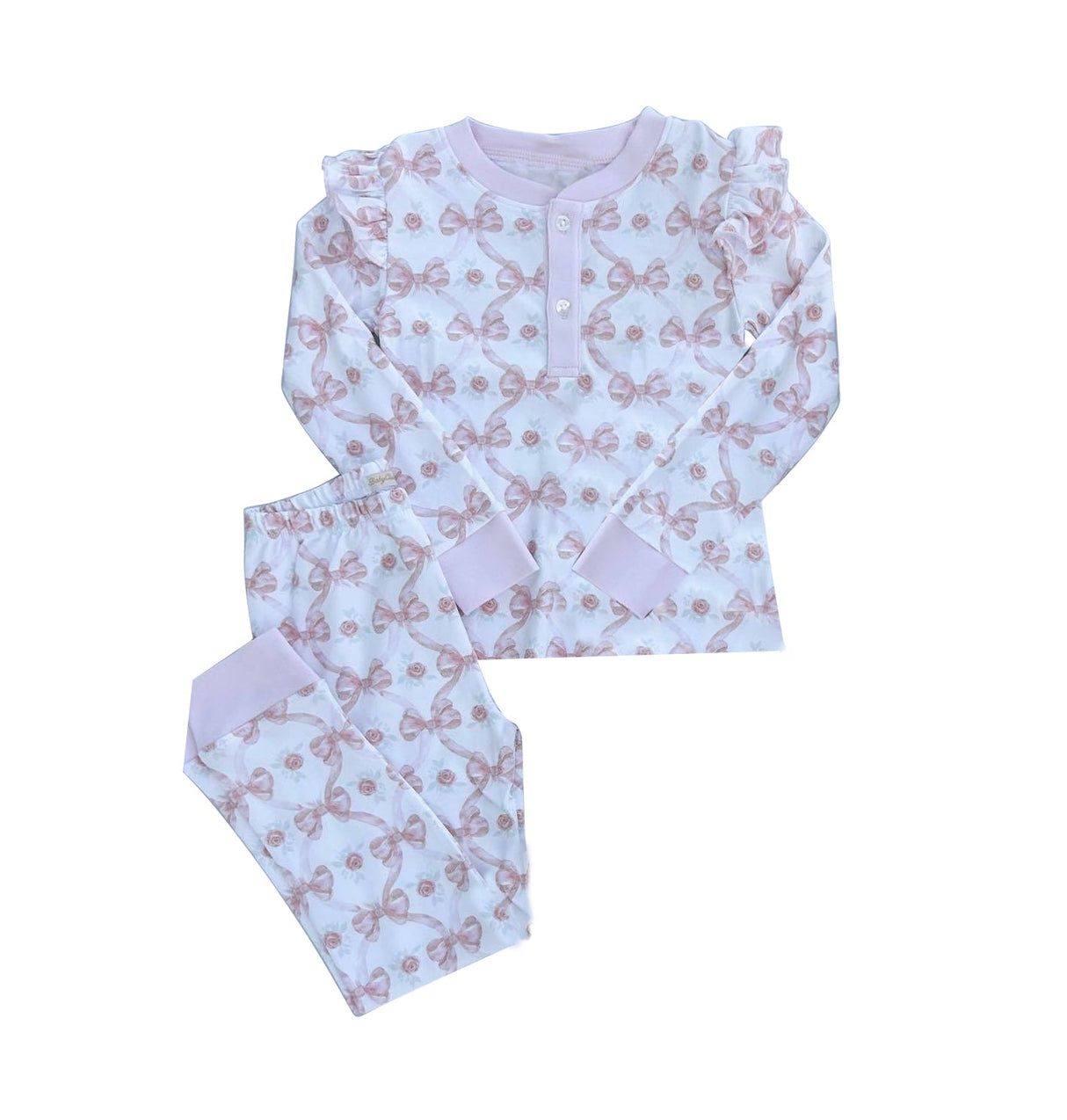 Pink bow long sleeves kids girls pajamas