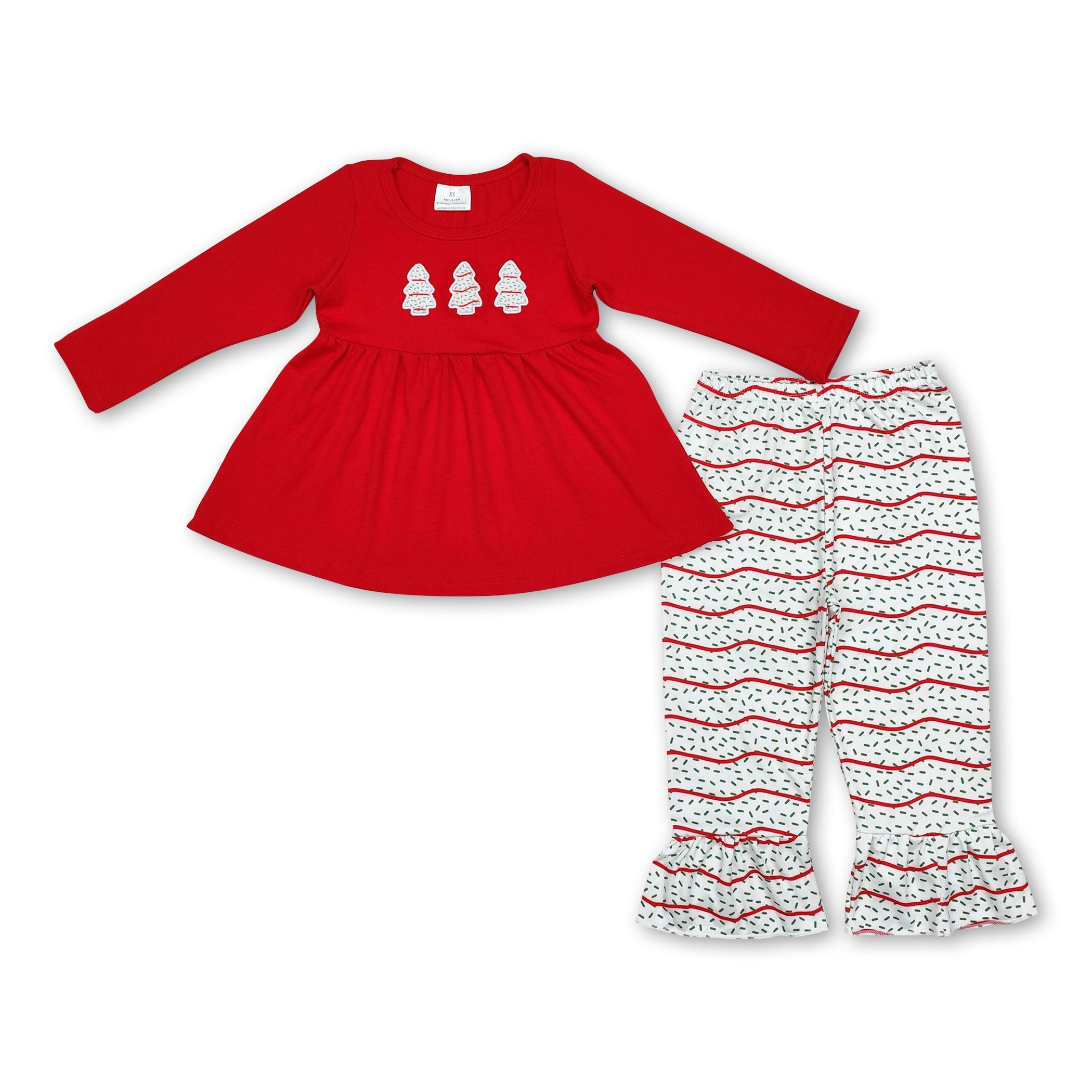 Pink christmas tree hand smocked ruffle pants set main image 0